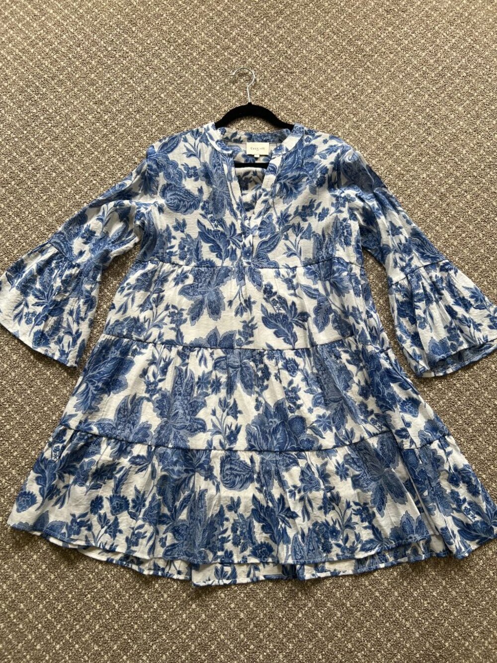 Choklate French Brand Flowy Mini Dress Blue and White Toile Print - Picture 2 of 4